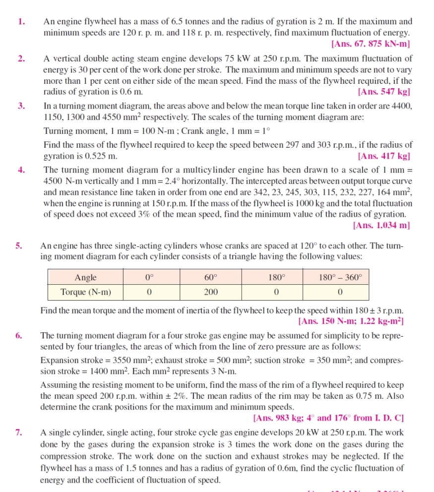 An engine flywheel has a mass of 6.5 tonnes and the radius of gyration is 2 m. If the maximum and
minimum speeds are 120 r. p. m. and 118 r. p. m. respectively, find maximum fluctuation of energy.
[Ans. 67. 875 kN-m]
1.
A vertical double acting steam engine develops 75 kW at 250 r.p.m. The maximum fluctuation of
energy is 30 per cent of the work done per stroke. The maximum and minimum speeds are not to vary
more than 1 per cent on either side of the mean speed. Find the mass of the flywheel required, if the
radius of gyration is 0.6 m.
2.
[Ans. 547 kg]
In a turning moment diagram, the areas above and below the mean torque line taken in order are 4400,
1150, 1300 and 4550 mm² respectively. The scales of the turning moment diagram are:
Turning moment, 1 mm = 100 N-m ; Crank angle, 1 mm = 1°
3.
Find the mass of the flywheel required to keep the speed between 297 and 303 r.p.m., if the radius of
gyration is 0.525 m.
[Ans. 417 kg]
The turning moment diagram for a multicylinder engine has been drawn to a scale of 1 mm =
4500 N-m vertically and 1 mm=2.4° horizontally. The intercepted areas between output torque curve
and mean resistance line taken in order from one end are 342, 23, 245, 303, 115, 232, 227, 164 mm²,
when the engine is running at 150 r.p.m. If the mass of the flywheel is 1000 kg and the total fluctuation
of speed does not exceed 3% of the mean speed, find the minimum value of the radius of gyration.
[Ans. 1.034 m]
4.
An engine has three single-acting cylinders whose cranks are spaced at 120° to each other. The turn-
ing moment diagram for each cylinder consists of a triangle having the following values:
5.
Angle
0°
60°
180°
180° – 360°
Torque (N-m)
200
Find the mean torque and the moment of inertia of the flywheel to keep the speed within 180±3 r.p.m.
[Ans. 150 N-m; 1.22 kg-m²]
The turning moment diagram for a four stroke gas engine may be assumed for simplicity to be repre-
sented by four triangles, the areas of which from the line of zero pressure are as follows:
Expansion stroke = 3550 mm²; exhaust stroke = 500 mm²; suction stroke = 350 mm²; and compres-
sion stroke = 1400 mm². Each mm² represents 3 N-m.
6.
Assuming the resisting moment to be uniform, find the mass of the rim of a flywheel required to keep
the mean speed 200 r.p.m. within + 2%. The mean radius of the rim may be taken as 0.75 m. Also
determine the crank positions for the maximum and minimum speeds.
[Ans. 983 kg; 4° and 176° from I. D. C]
A single cylinder, single acting, four stroke cycle gas engine develops 20 kW at 250 r.p.m. The work
done by the gases during the expansion stroke is 3 times the work done on the gases during the
compression stroke. The work done on the suction and exhaust strokes may be neglected. If the
flywheel has a mass of 1.5 tonnes and has a radius
energy and the coefficient of fluctuation of speed.
7.
gyration of 0.6m, find the cyclic fluctuation of
