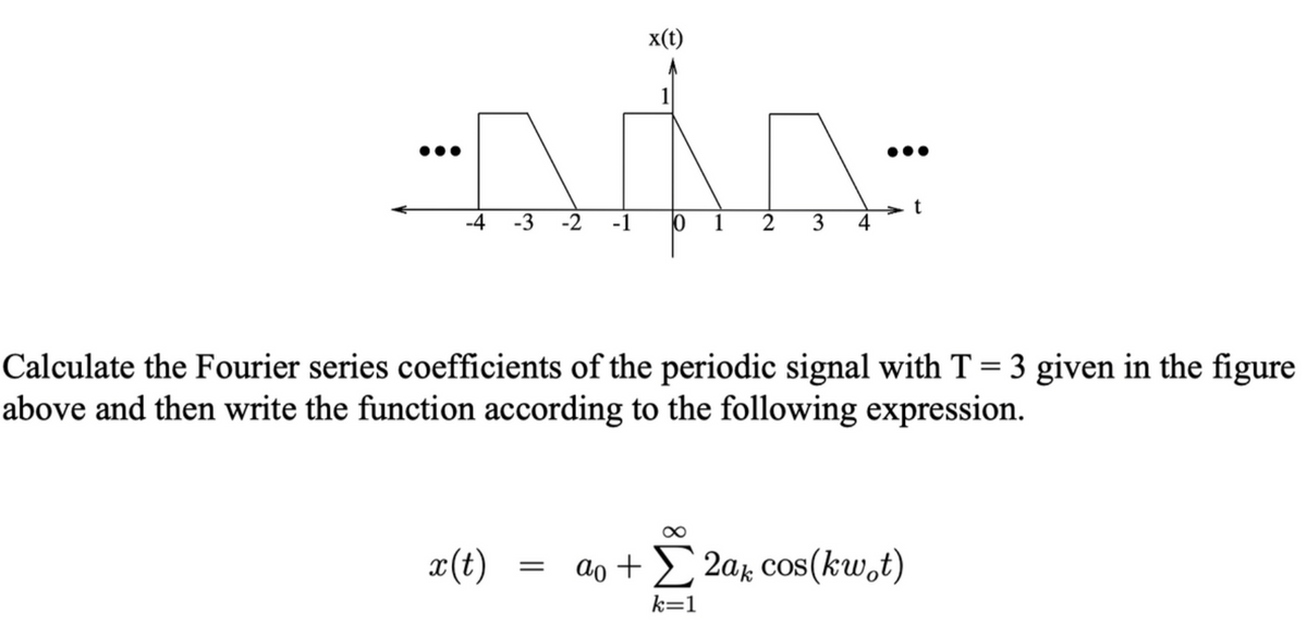 x(t)
-4
-3
-2
-1
1
3
Calculate the Fourier series coefficients of the periodic signal with T = 3 given in the figure
above and then write the function according to the following expression.
x(t)
ao +£ 2ak cos(kw,t)
k=1
