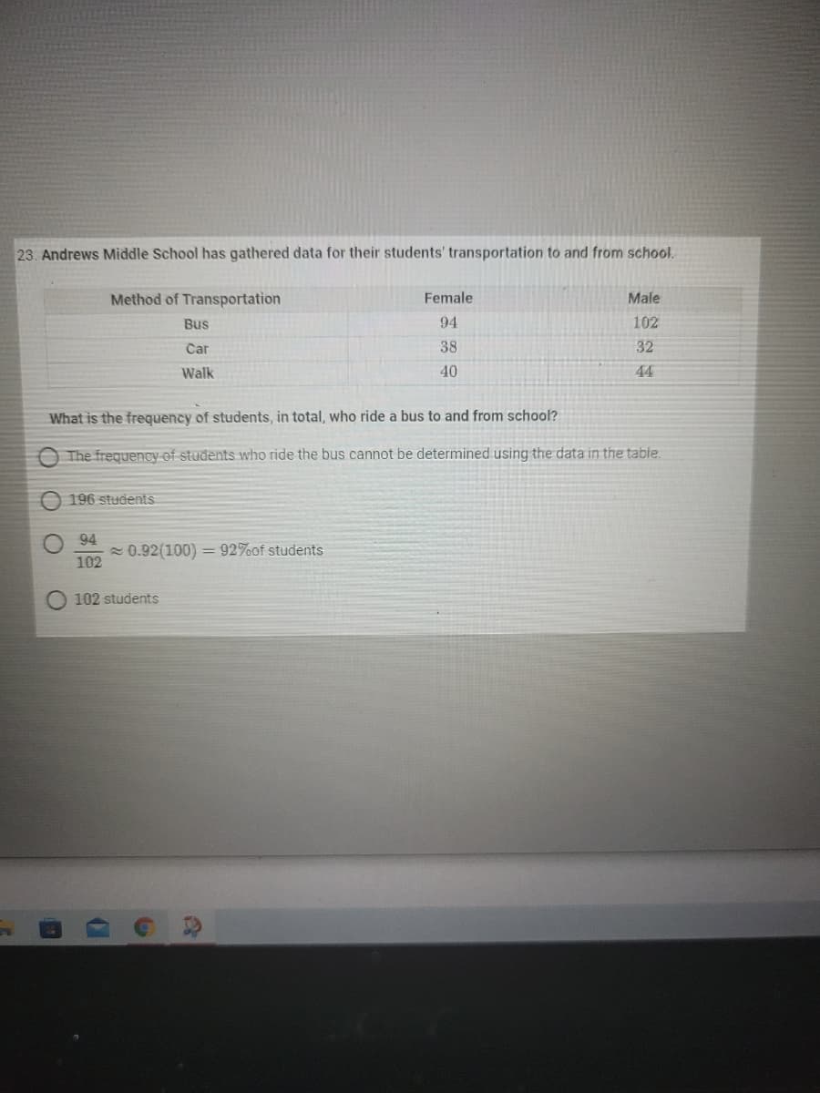 23. Andrews Middle School has gathered data for their students' transportation to and from school.
Method of Transportation
Female
Male
Bus
94
102
Car
38
32
Walk
40
44
What is the frequency of students, in total, who ride a bus to and from school?
O The frequency of students who ride the bus cannot be determined using the data in the table.
196 students
94
0.92(100) = 92%of students
102
102 students
