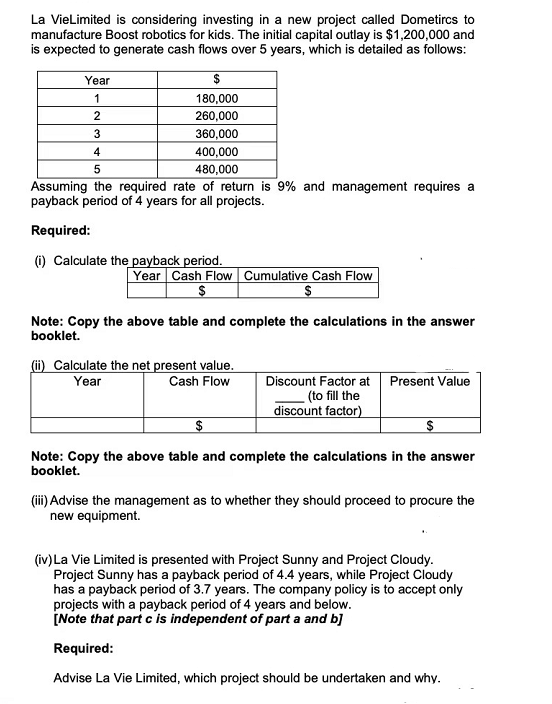 La VieLimited is considering investing in a new project called Dometircs to
manufacture Boost robotics for kids. The initial capital outlay is $1,200,000 and
is expected to generate cash flows over 5 years, which is detailed as follows:
Year
1
2
3
$
180,000
260,000
360,000
400,000
480,000
4
5
Assuming the required rate of return is 9% and management requires a
payback period of 4 years for all projects.
Required:
(i) Calculate the payback period.
Year Cash Flow Cumulative Cash Flow
$
$
Note: Copy the above table and complete the calculations in the answer
booklet.
(ii) Calculate the net present value.
Year
Cash Flow
Discount Factor at Present Value
(to fill the
discount factor)
$
Note: Copy the above table and complete the calculations in the answer
booklet.
(iii) Advise the management as to whether they should proceed to procure the
new equipment.
(iv) La Vie Limited is presented with Project Sunny and Project Cloudy.
Project Sunny has a payback period of 4.4 years, while Project Cloudy
has a payback period of 3.7 years. The company policy is to accept only
projects with a payback period of 4 years and below.
[Note that part c is independent of part a and b]
Required:
Advise La Vie Limited, which project should be undertaken and why.