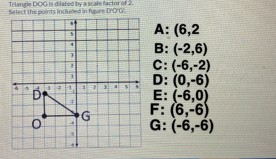 Triangle DOG is dilated by a scale factor of 2.
Select the points included in figure D'O'G:
A: (6,2
B: (-2,6)
С: (-6,-2)
D: (0,-6)
E: (-6,0)
F: (6,-6)
G: (-6,-6)
