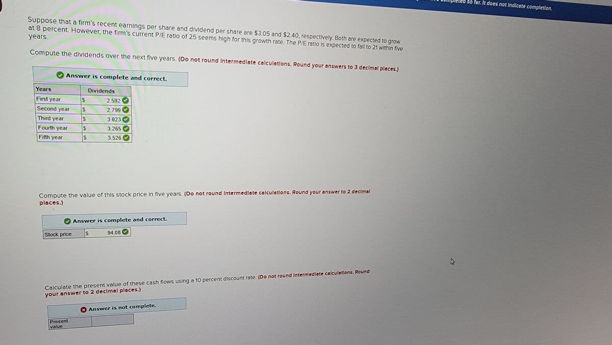 Suppose that a firm's recent earnings per share and dividend per share are $3.05 and $2.40, respectively. Both are expected to grow
at 8 percent. However, the firm's current P/E ratio of 25 seems high for this growth rate. The P/E ratio is expected to fall to 21 within five
years.
Compute the dividends over the next five years. (Do not round Intermediate calculations. Round your answers to 3 decimal places.)
Fall
Answer is complete and correct.
Years
First year
Second year
Third year
Fourth year
Fifth year
Stock price
$
S
Present
value
$
$
S
Dividends
Compute the value of this stock price in five years. (Do not round Intermediate calculations. Round your answer to 2 decimal
places.)
2.592
2.799
3.023
3.265
3.526
Answer is complete and correct.
S
94.08
Calculate the present value of these cash flows using a 10 percent discount rate. (Do not round Intermediate calculations. Round
your answer to 2 decimal places.)
x Answer is not complete.
h
so far. It does not Indicate completion.