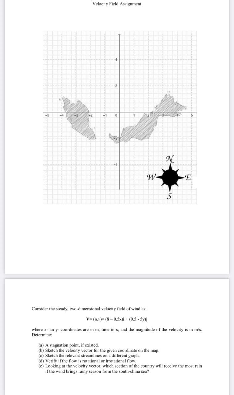 Velocity Field Assignment
-5
-4
-3
+2
-1
N
W-
Consider the steady, two-dimensional velocity field of wind as:
V= (u,v)= (8 - 0.5x)i + (0.5 - 5y)j
where x- an y- coordinates are in m, time in s, and the magnitude of the velocity is in m/s.
Determine:
(a) A stagnation point, if existed.
(b) Sketch the velocity vector for the given coordinate on the map.
(c) Sketch the relevant streamlines on a different graph.
(d) Verify if the flow is rotational or irrotational flow.
(e) Looking at the velocity vector, which section of the country will receive the most rain
if the wind brings rainy season from the south-china sea?
