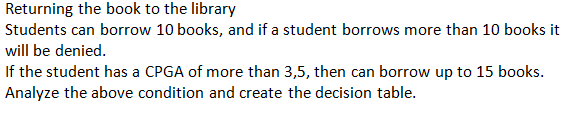 Returning the book to the library
Students can borrow 10 books, and if a student borrows more than 10 books it
will be denied.
If the student has a CPGA of more than 3,5, then can borrow up to 15 books.
Analyze the above condition and create the decision table.
