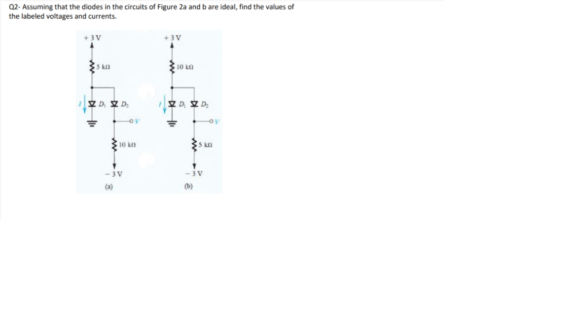 Q2- Assuming that the diodes in the circuits of Figure 2a and b are ideal, find the values of
the labeled voltages and currents.
+ 3 V
+ 3 V
5 kn
10 kn
Z D Z D:
10 kn
5 kn
- 3 V
- 3 V
(а)
(b)
