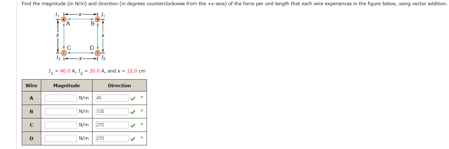 Find the magnitude (in N/m) and direction (in degrees counterclockwise from the +x-axis) of the force per unit length that each wire experiences in the figure below, using vector addition.
12
I, = 40.0 A, I, = 20.0 A, and x = 22.0 cm
Direction
Wire
Magnitude
45
N/m
A
135
N/m
B
270
N/m
270
D
N/m
