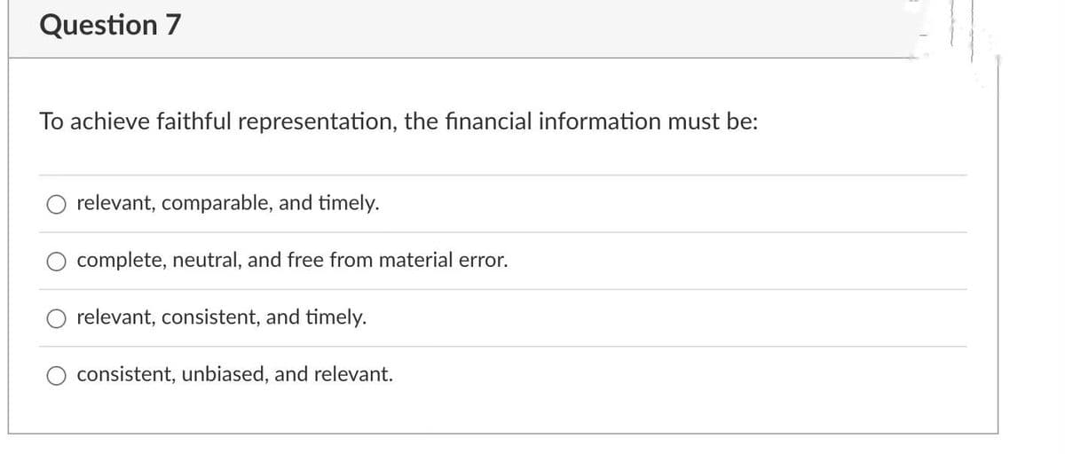 Question 7
To achieve faithful representation, the financial information must be:
relevant, comparable, and timely.
complete, neutral, and free from material error.
relevant, consistent, and timely.
consistent, unbiased, and relevant.