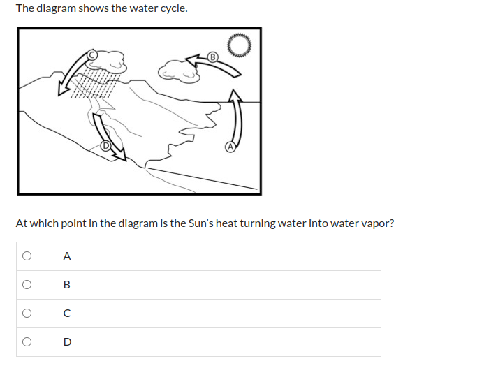 The diagram shows the water cycle.
At which point in the diagram is the Sun's heat turning water into water vapor?
A
B
D
