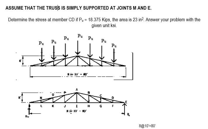 ASSUME THAT THE TRUSS IS SIMPLY SUPPORTED AT JOINTS M AND E.
Determine the stress at member CD if Pu = 18.375 Kips, the area is 23 in?. Answer your problem with the
given unit ksi.
Pu
Pu
Pu
Pu
Pu
Pu
Pu
* (a. 10' - R
it
J I H G F
H (n 10' - KI
K
Ru
8@10'=80'
