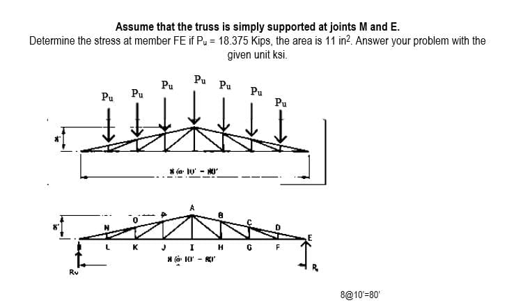 Assume that the truss is simply supported at joints M and E.
Determine the stress at member FE if Pu = 18.375 Kips, the area is 11 in?. Answer your problem with the
given unit ksi.
Pu
Pu
Pu
Pu
Pu
Pu
Pu
* (a 10' -
L K J I H G F
* (i 10' - R
Rv
8@10'=80'
