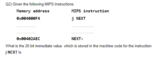 Q2) Given the following MIPS Instructions:
Memory address
MIPS instruction
0x004000F4
j NEXT
0x00402AEC
NEXT:
What is the 26 bit immediate value which is stored in the machine code for the instruction
j NEXT Is