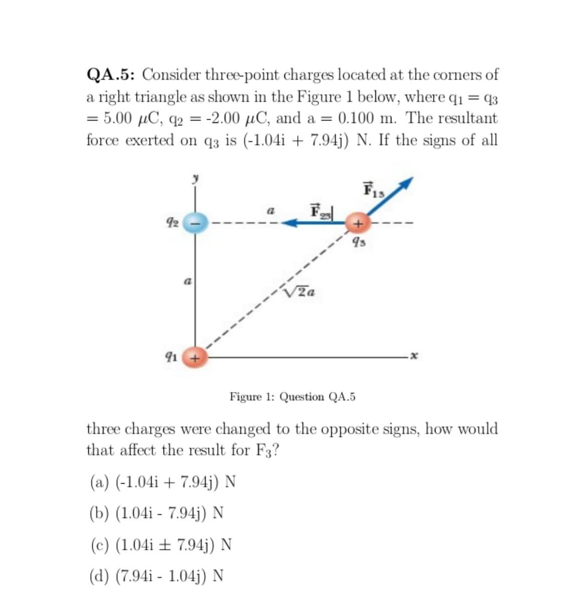 QA.5: Consider three-point charges located at the corners of
a right triangle as shown in the Figure 1 below, where q₁ = 93
= 5.00 µC, q2 = -2.00 µC, and a = 0.100 m. The resultant
force exerted on q3 is (-1.04i + 7.94j) N. If the signs of all
92
91
a
(a) (-1.04i + 7.94j) N
(b) (1.04i 7.94j) N
(c) (1.04i 7.94j) N
(d) (7.94i - 1.04j) N
Fis
+
93
Figure 1: Question QA.5
three charges were changed to the opposite signs, how would
that affect the result for F3?