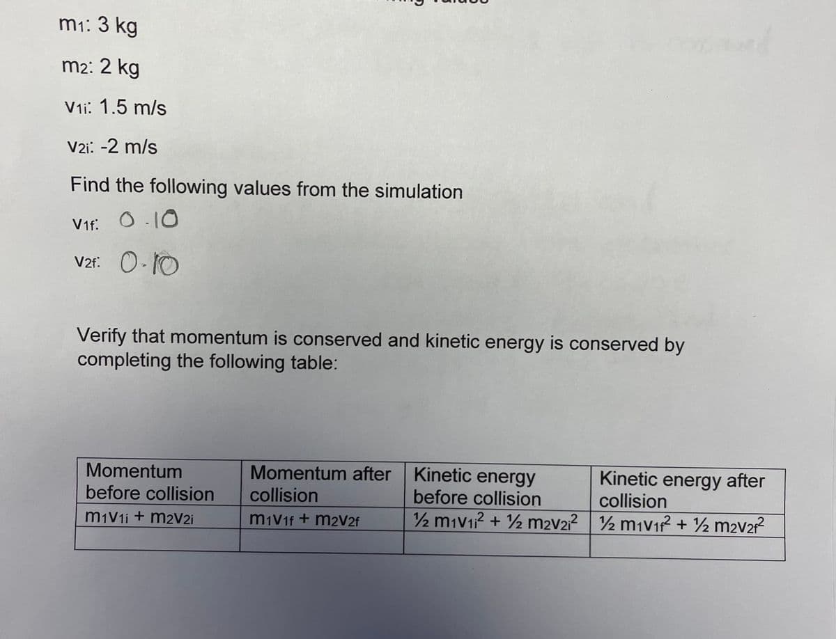 m1: 3 kg
m2: 2 kg
V1i: 1.5 m/s
V2i: -2 m/s
Find the following values from the simulation
V1f. O.10
V2t: 0- O
Verify that momentum is conserved and kinetic energy is conserved by
completing the following table:
Momentum
Momentum after Kinetic energy
Kinetic energy after
collision
2 miV1? + ½ m2V21? 2 miV1? + ½ m2V2?
before collision
collision
before collision
m1V1i + m2V2i
m1V1f + m2V2f
