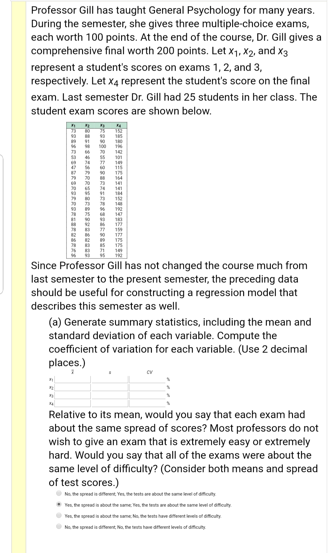 (a) Generate summary statistics, including the mean and
standard deviation of each variable. Compute the
coefficient of variation for each variable. (Use 2 decimal
places.)
cv
