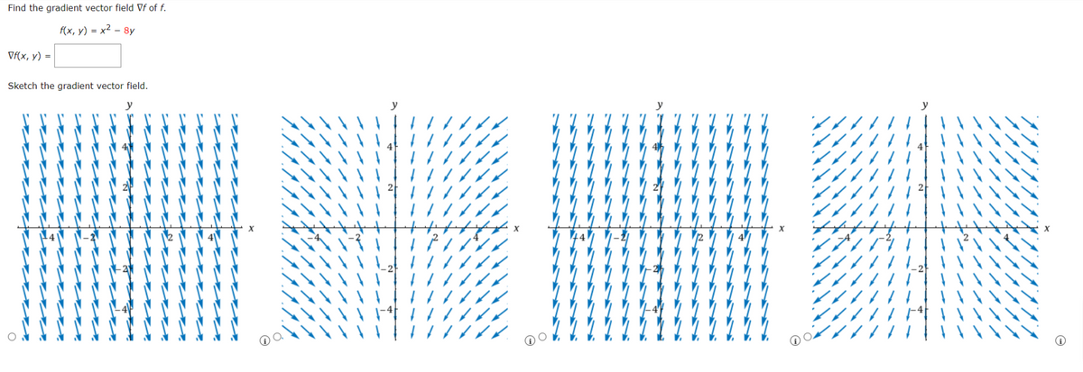 Find the gradient vector field Vf of f.
f(x, y) = x² - 8y
Vf(x, y) =
Sketch the gradient vector field.
y