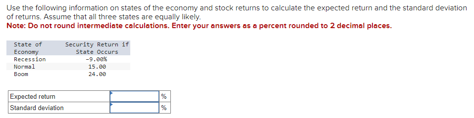 Use the following information on states of the economy and stock returns to calculate the expected return and the standard deviation
of returns. Assume that all three states are equally likely.
Note: Do not round intermediate calculations. Enter your answers as a percent rounded to 2 decimal places.
State of
Economy
Recession
Normal
Boom
Expected return
Standard deviation
Security Return if
State Occurs
-9.00%
15.00
24.00
%
%