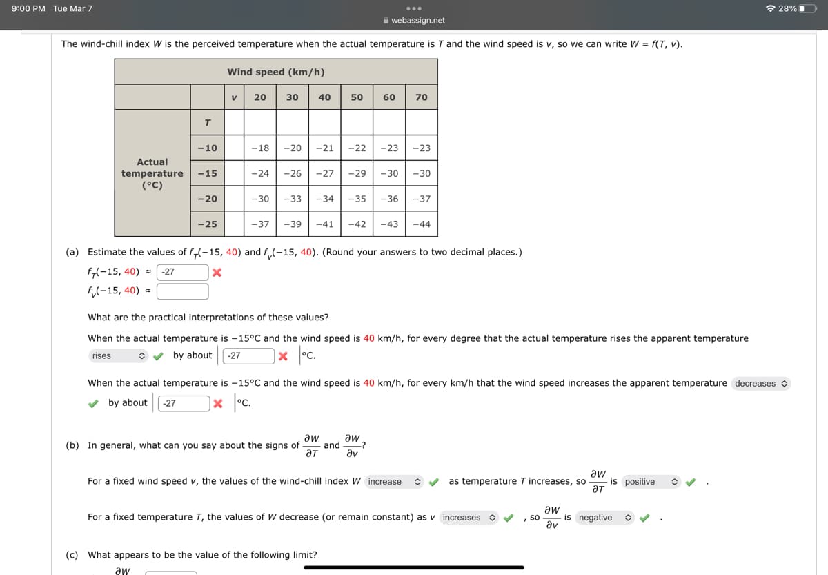 9:00 PM Tue Mar 7
The wind-chill index W is the perceived temperature when the actual temperature is T and the wind speed is v, so we can write W = f(T, v).
Wind speed (km/h)
V 20 30 40
T
-10
Actual
temperature -15
(°C)
-20
-25
40 50
-18 -20 -21
-22
webassign.net
60 70
-24 -26 -27 -29 -30
-23 -23
-30 -33 -34 -35 -36
-37 -39 -41 -42 -43
aw
(b) In general, what can you say about the signs of and -?
ƏT
aw
Əv
(c) What appears to be the value of the following limit?
aw
-30
(a) Estimate the values of f(-15, 40) and f(-15, 40). (Round your answers to two decimal places.)
f-15, 40) -27
X
f(-15, 40) =
-37
What are the practical interpretations of these values?
When the actual temperature is -15°C and the wind speed is 40 km/h, for every degree that the actual temperature rises the apparent temperature
rises ◊ ✔ by about
by about -27
x °C.
For a fixed wind speed v, the values of the wind-chill index W increase
-44
When the actual temperature is -15°C and the wind speed is 40 km/h, for every km/h that the wind speed increases the apparent temperature decreases
by about -27
xºc.
✓
aw
as temperature T increases, so is positive
ƏT
For a fixed temperature T, the values of W decrease (or remain constant) as v increases ✔ , SO
aw
Əv
is negative
28%