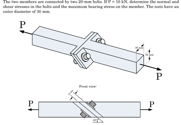 The two members are connected by two 20-mm bolts. If P = 10 kN, determine the normal and
shear stresses in the bolts and the maximum bearing stress on the member. The nuts have an
outer diameter of 30 mm.
P
36 mim
36 mm
P
Front view:
P
P
30
