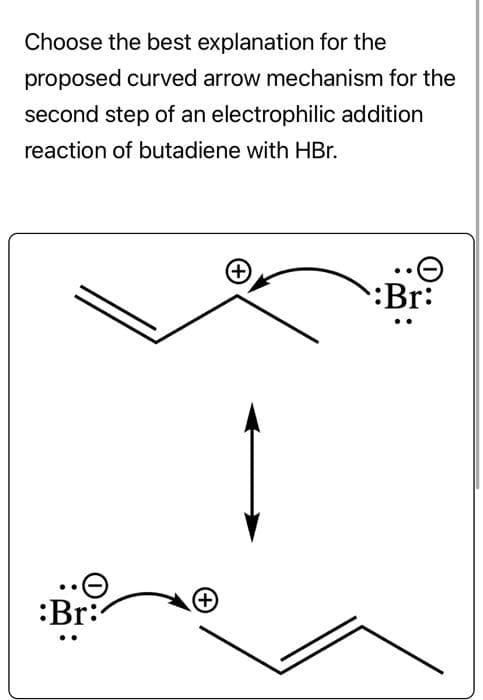 Choose the best explanation for the
proposed curved arrow mechanism for the
second step of an electrophilic addition
reaction of butadiene with HBr.
:Br
+
+
:Br: