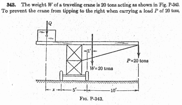 343. The weight W of a traveling crane is 20 tons acting as shown in Fig. P-343.
To prevent the crane from tipping to the right when carrying a load P of 20 tons,
1'-
P=20 tons
W= 20 tons
10'-
FIG. P-343.
