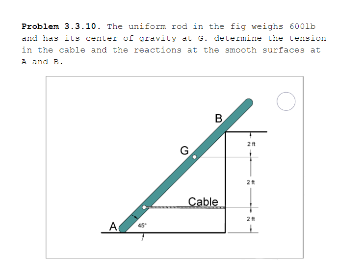 Problem 3.3.10. The uniform rod in the fig weighs 600lb
and has its center of gravity at G. determine the tension
in the cable and the reactions at the smooth surfaces at
A and B.
В
2 ft
G
2 ft
Cable
2 ft
A
45°
