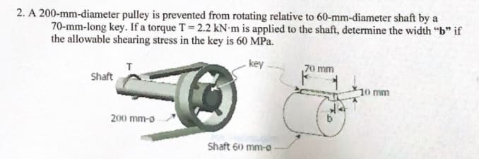 2. A 200-mm-diameter pulley is prevented from rotating relative to 60-mm-diameter shaft by a
70-mm-long key. If a torque T = 2.2 kN-m is applied to the shaft, determine the width "b" if
the allowable shearing stress in the key is 60 MPa.
key
70 mm
Shaft
10 mm
200 mm-o
Shaft 60 mm-o
