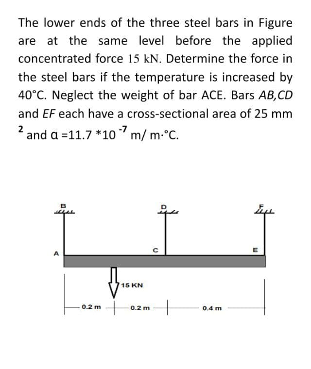 The lower ends of the three steel bars in Figure
are at the same level before the applied
concentrated force 15 kN. Determine the force in
the steel bars if the temperature is increased by
40°C. Neglect the weight of bar ACE. Bars AB,CD
and EF each have a cross-sectional area of 25 mm
-7
2
and a =11.7 *10 m/ m.°C.
E
A
15 KN
0.2 m +
0.2 m
0.4 m
of
