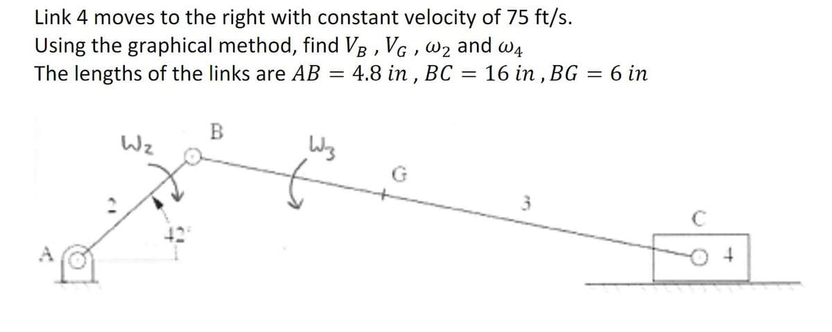 Link 4 moves to the right with constant velocity of 75 ft/s.
Using the graphical method, find VB, VG , w₂ and w4
The lengths of the links are AB
4.8 in, BC =
A9
W₂
B
=
W3
16 in, BG = 6 in
+