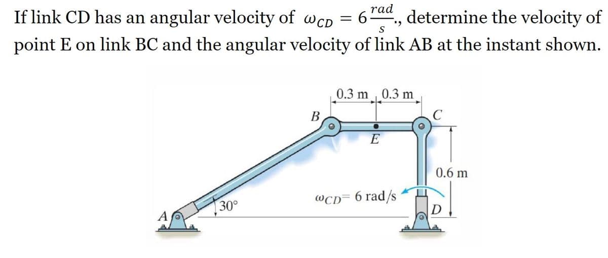 If link CD has an angular velocity of WCD
S
point E on link BC and the angular velocity of link AB at the instant shown.
30°
B
rad
6 determine the velocity of
=
0.3 m, 0.3 m
●
E
WCD= 6 rad/s
0.6 m