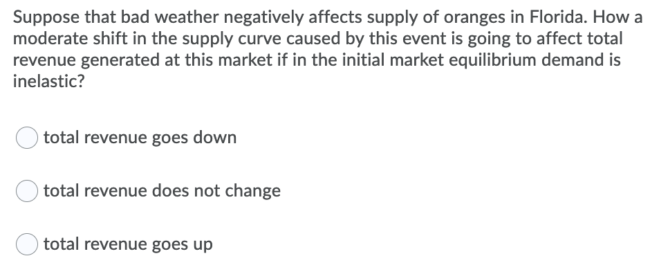 Suppose that bad weather negatively affects supply of oranges in Florida. How a
moderate shift in the supply curve caused by this event is going to affect total
revenue generated at this market if in the initial market equilibrium demand is
inelastic?
total revenue goes down
total revenue does not change
total revenue goes up
