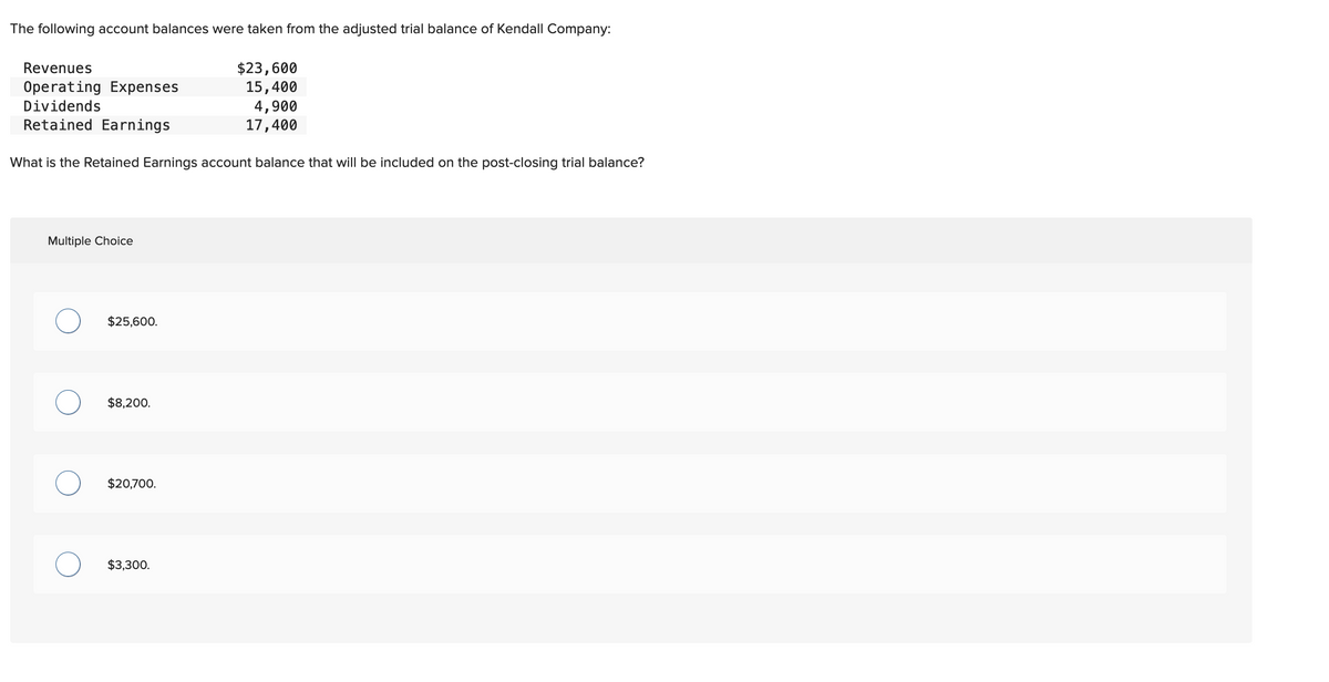 The following account balances were taken from the adjusted trial balance of Kendall Company:
$23,600
15,400
4,900
17,400
Revenues
Operating Expenses
Dividends
Retained Earnings
What is the Retained Earnings account balance that will be included on the post-closing trial balance?
Multiple Choice
$25,600.
$8,200.
$20,700.
$3,300.