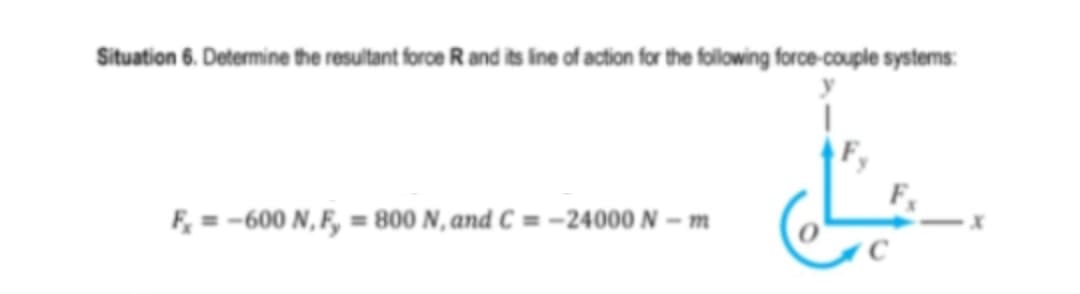 Situation 6. Determine the resultant force R and its line of action for the following force-couple systems:
F = -600 N, F, = 800 N, and C = -24000 N – m
%3D
