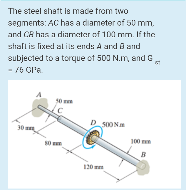 The steel shaft is made from two
segments: AC has a diameter of 50 mm,
and CB has a diameter of 100 mm. If the
shaft is fixed at its ends A and B and
subjected to a torque of 500 N.m, and G
st
= 76 GPa.
A
50 mm
D 500 N.m
30 mm
100 mm
80 mm
120 mm
