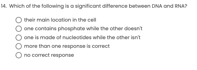 14. Which of the following is a significant difference between DNA and RNA?
their main location in the cell
one contains phosphate while the other doesn't
one is made of nucleotides while the other isn't
more than one response is correct
no correct response
