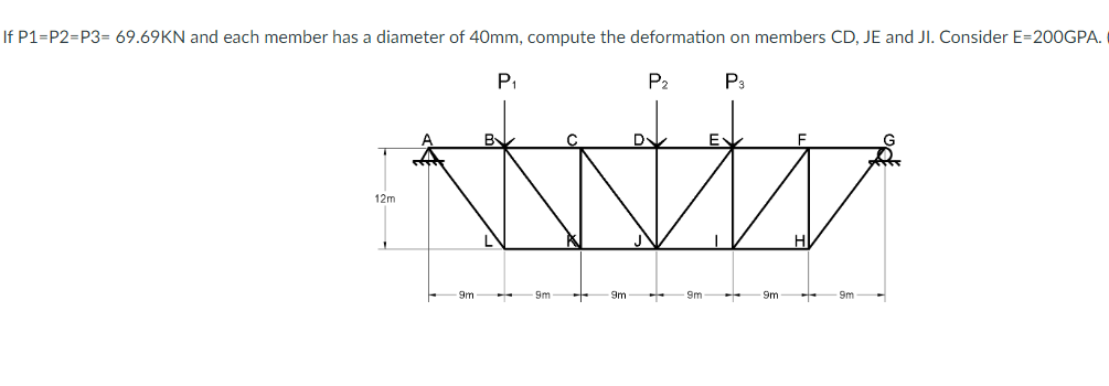 If P1=P2=P3= 69.69KN and each member has a diameter of 40mm, compute the deformation on members CD, JE and JI. Consider E=200GPA.
P1
P2
P3
12m
9m
9m
9m
9m
