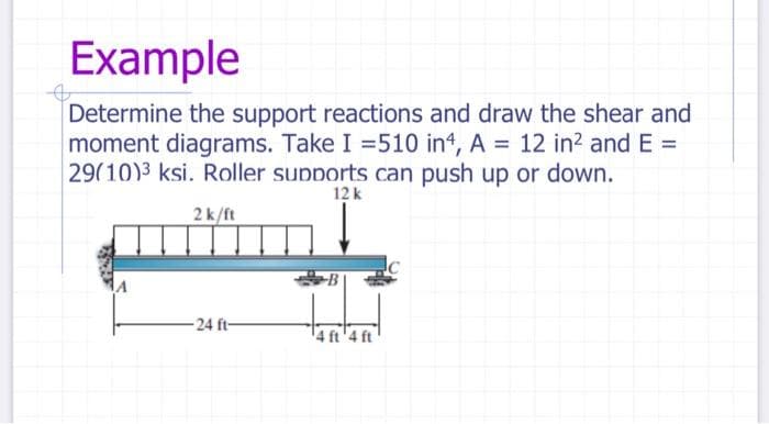 Example
Determine the support reactions and draw the shear and
moment diagrams. Take I =510 in4, A = 12 in² and E =
29(10)3 ksi. Roller supports can push up or down.
12 k
2k/ft
-24 ft-
4 ft 4 ft