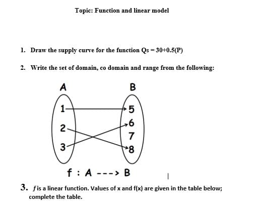 Topic: Function and linear model
1. Draw the supply curve for the function Qs = 30+0.5(P)
2. Write the set of domain, co domain and range from the following:
A
B
7
3-
f: A ---> B
3. fis a linear function. Values of x and f(x) are given in the table below;
complete the table.
2.
