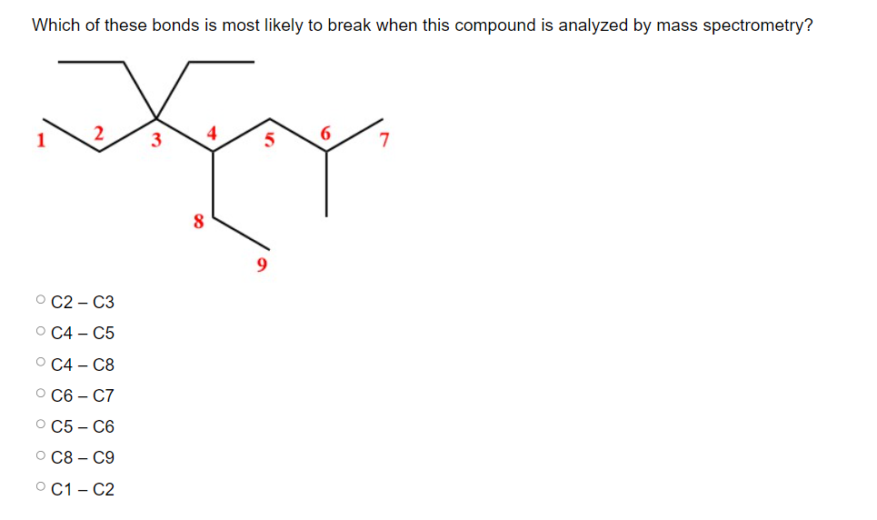 Which of these bonds is most likely to break when this compound is analyzed by mass spectrometry?
OC2-C3
O C4 - C5
°C4 - C8
O C6-C7
O C5-C6
OC8-C9
OC1-C2
3
8
5
6
7