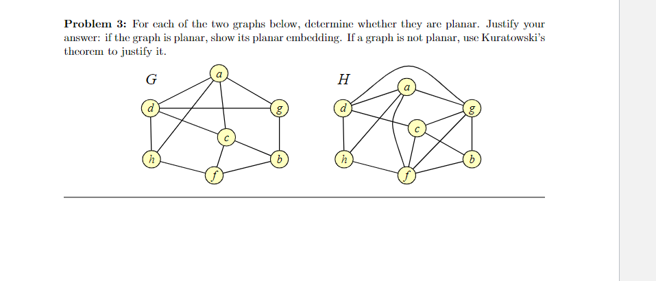 Problem 3: For each of the two graphs below, determine whether they are planar. Justify your
answer: if the graph is planar, show its planar embedding. If a graph is not planar, use Kuratowski's
theorem to justify it.
G
d
h
H
DA
b
h
8
b