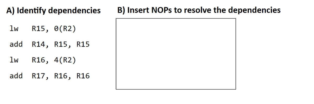 A) Identify dependencies
lw R15, 0(R2)
add
1w R16, 4(R2)
add R17, R16, R16
R14, R15, R15
B) Insert NOPs to resolve the dependencies