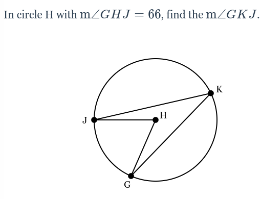 ### Transcription of Educational Content:

**Problem Statement:**
In circle H with \( m \angle GHJ = 66^\circ \), find the \( m \angle GKJ \).

**Graphical Representation:**
The image presents a circle labeled as circle H. Within this circle, there are four points labeled as G, H, J, and K. Here's a detailed description of the geometric configuration:

- Point G, Point H, Point J, and Point K are on the circumference of the circle.
- Line segment GH and line segment HJ are connected, forming the angle \( \angle GHJ \).
- Line segments GJ and JK intersect at point K on the circumference of the circle.
- A central point is not explicitly identified in the setup.
  
**Angle Relations in the Circle:**
- \( m \angle GHJ \) is given as \(66^\circ \).
- We are required to find the measure of angle \( \angle GKJ \).

**Analysis:**
In a cyclic quadrilateral (a four-sided figure where all vertices lie on the circumference of the circle), opposite angles are supplementary. Therefore, if \(\angle GHJ\) is \(66^\circ\), we can apply this property to find \( \angle GKJ \).

Since \( GHJK \) forms a cyclic quadrilateral:
\[
\angle GHJ + \angle GKJ = 180^\circ
\]
Thus, \( \angle GKJ \) can be found using the equation:
\[
\angle GKJ = 180^\circ - 66^\circ = 114^\circ
\]

So, \( m \angle GKJ = 114^\circ \).

---

This educational problem involves understanding properties of angles in a cyclic quadrilateral and applying these properties to find unknown angle measures.