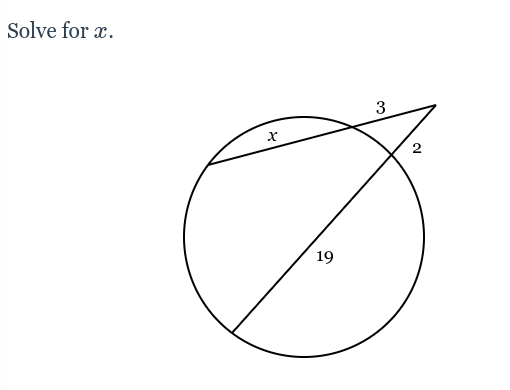 **Solve for x.**

This image consists of a circle with two intersecting chords. One of the chords is extended outside the circle and is divided into segments of lengths 3 and 2. The portion of the chord inside the circle is labeled \( x \). The other chord inside the circle is labeled with a length of 19.

Graph Explanation:
1. **Circle:** The image contains a circle with two intersecting chords.
2. **Chords:**
   - The first chord extends outside the circle and is segmented into two parts:
     - One part outside is labeled as 3.
     - The adjacent part outside is labeled as 2.
   - The section of this chord inside the circle is labeled as \( x \).
   - The second chord that runs only inside the circle is labeled as 19.

By the Power of a Point theorem (also known as the Secant-Secant Theorem or the Intersecting Secants Theorem), the following relationship holds true for the intersecting chords:

\[
\text{(external segment)} \times (\text{whole length of chord}) = (\text{length of internal segment}) \times (\text{length of the other internal segment})
\]

In this case, the equation can be set up as:

\[
(3 + 2) \times 3 = 19 \times x
\]

Simplifying this equation:

\[
5 \times 3 = 19x
\]

\[
15 = 19x
\]

\[
x = \frac{15}{19}
\]

Therefore, the value of \( x \) is \(\frac{15}{19}\).