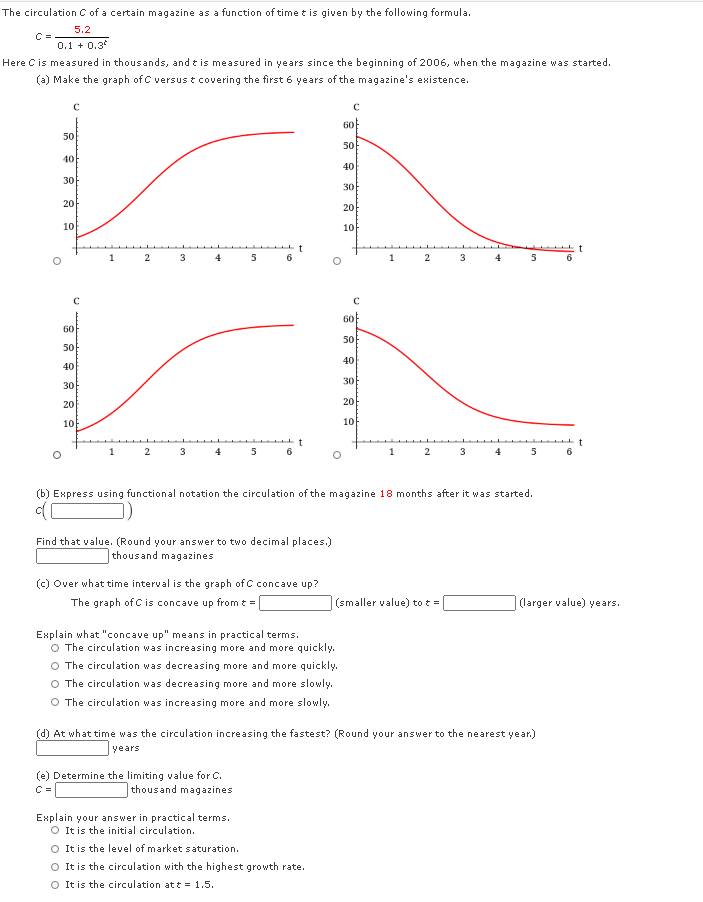 The circulation C of a certain magazine as a function of time t is given by the following formula.
5.2
0.1 + 0.3
Here Cis measured in thousands, and t is measured in years since the beginning of 2006, when the magazine was started.
(a) Make the graph of C versus t covering the first 6 years of the magazine's existence.
60
50
50
40
40
30
30
20
20
10
10
1
2
3
5
6.
1
2
3
4
6
60
60
50
50
40
40
30
30
20
20
10F
10
2
3
4
5
6
2
3
4
5
6
(b) Express using functional notation the circulation of the magazine 18 months after it was started.
Find that value. (Round your answer to two decimal places.)
thousand magazines
(c) Over what time interval is the graph of C concave up?
The graph of C is concave up from t =
(smaller value) to t=
(larger value) years.
Explain what "concave up" means in practical terms.
O The circulation was increasing more and more quickly.
The circulation was decreasing more and more quickly.
O The circulation was decreasing more and more slowly.
O The circulation was increasing more and more slowly.
(d) At what time was the circulation increasing the fastest? (Round your answer to the nearest year.)
years
(e) Determine the limiting value for C.
C =
|thousand magazines
Explain your answer in practical terms.
O Itis the initial circulation.
O Itis the level of market saturation.
O It is the circulation with the highest growth rate.
O It is the circulation att = 1.5.
