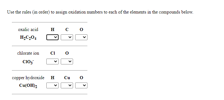 Use the rules (in order) to assign oxidation numbers to each of the elements in the compounds below.
oxalic acid
н
H,C,04
chlorate ion
CI
copper hydroxide
H
Cu
Cu(OH)2
