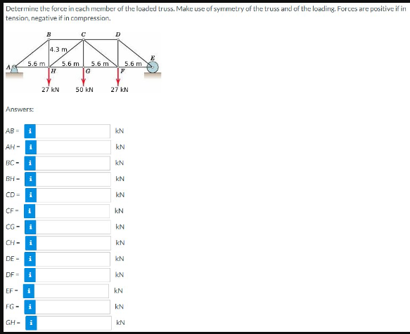 Determine the force in each member of the loaded truss. Make use of symmetry of the truss and of the loading. Forces are positive if in
tension, negative if in compression.
Answers:
AB=
AH-
BC-
BH-
5.6 m
DE-
i
GH-
i
CD= i
CF-
CG-
CH-
M. M
i
i
i
i
DF= i
EF- i
FG-
3 3 3 3 3 3 3 3 3 3 3 3 3
---
i
B
i
4.3 m
H
27 KN
5.6 m
с
5.6 m
G
50 kN
D
5.6 m
P
27 KN
kN
KN
E