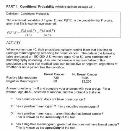 PART 1. Conditional Probability (which is defined on page 281).
Definition: Conditional Probability
The conditional probability of F given E, read P(FIE), is the probability that F occurs,
given that E is known to have occurred.
P(E and F) N(E and F)
P(F|E) =
P(E)
N(E)
ACTIVITY:
When women turn 40, their physicians typically remind them that it is time to
undergo mammography screening for breast cancer. The data in the following
table are based on 100,000 U.S. women, ages 40 to 50, who participated in
mammography screening. Assume the sample is representative of this
population and note that medical tests can be positive or negative, regardless of
whether or not a patient has the condition.
Positive Mammogram
Negative Mammogram
Breast Cancer
720
80
No Breast Cancer
6944
92,256
Answer questions 1-8 and compare your answers with your group. For a
woman, age 40-50, selected at random, find the probability that she:
1. has breast cancer? does not have breast cancer?
2. has a positive mammogram? has a negative mammogram?
3. has a positive mammogram, given that she has breast cancer?
This is known as the sensitivity of the test.
4. has a negative mammogram, given that she does not have breast cancer?
This is known as the specificity of the test.
