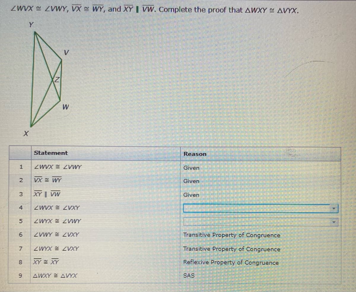 ZWVX ZWWY, VX WY, and XY | VW. Complete the proof that AWXY AVYX.
Y
V
W
Statement
Reason
ZWVX E ZVWY
Given
2.
VX WY
Given
3.
XY| VW
Given
4
ZWVX = ZVXY
ZWYX E ZVWY
ZVWY E ZVXY
Transitive Property of Congruence
ZWYX ZVXY
Transitive Property of Congruence
XY XY
Reflexive Property of Congruence
AWXY = AVYX
SAS
