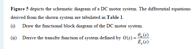 Figure 5 depicts the schematic diagram of a DC motor system. The differential equations
derived from the shown system are tabulated in Table 1.
(i) Draw the functional block diagram of the DC motor system.
e_(s)
(ii) Derive the transfer function of system defined by G(s) =
E,(s)
