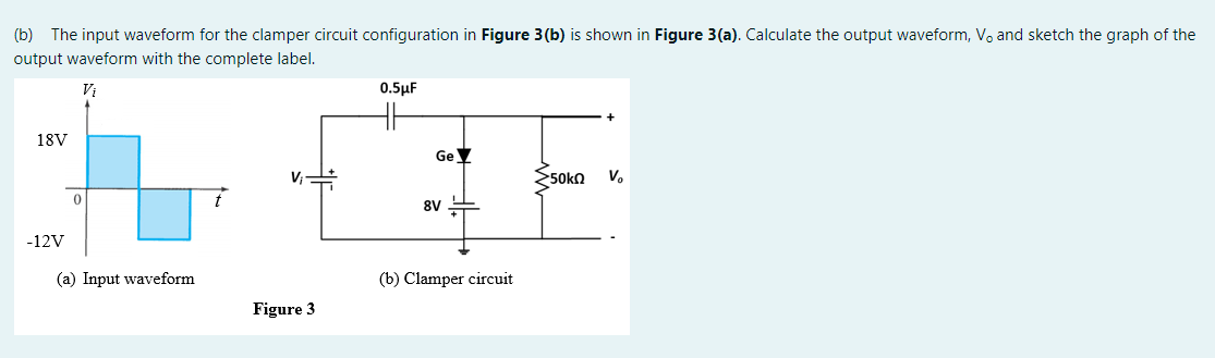 (b) The input waveform for the clamper circuit configuration in Figure 3(b) is shown in Figure 3(a). Calculate the output waveform, Vo and sketch the graph of the
output waveform with the complete label.
Vi
0.5μF
18V
Ge
ESoka v.
8V
-12V
(a) Input waveform
(b) Clamper circuit
Figure 3
