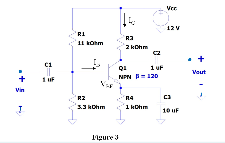 +
Vin
C1
1 uF
R1
11 kOhm
IB
V BE
R2
3.3 kOhm
R3
2 kOhm
Figure 3
C2
Q1
NPN B = 120
R4
1 kOhm
1 uF
Vcc
12 V
C3
10 uF
Vout